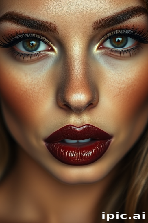 Sensual woman lips coated in rich chocolate brown satin lipstick, full face portrait emphasizing sultry gaze and captivating features