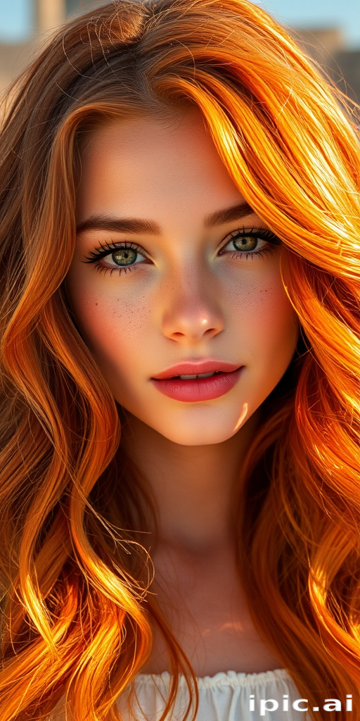 Radiant copper waves cascade down her shoulders, framing a delicate face with sun-kissed freckles, the "Autumn Sunset" style exuding warmth and vibrancy
