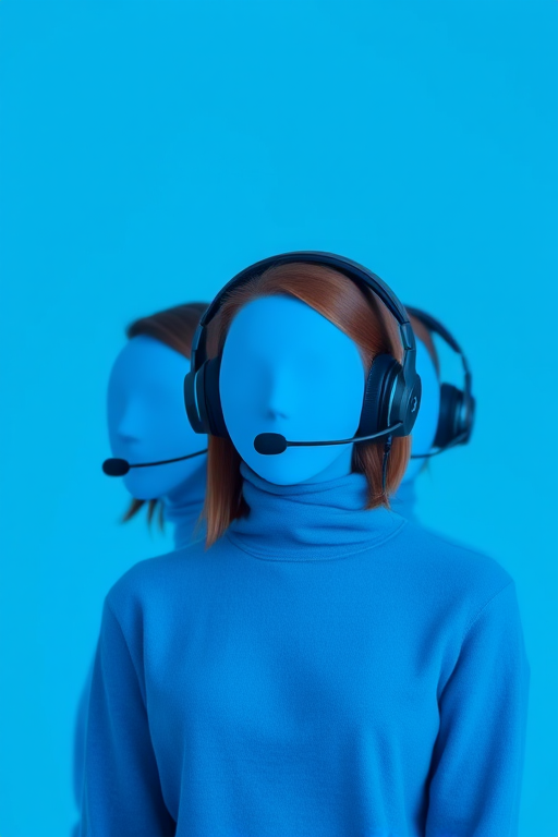 Generate an image of three faceless headset users in blue, ensuring a minimalist design, with a clean background, captured with a DSLR camera at 50mm, f/1.8 aperture, ISO 200, and natural lighting for enhanced clarity.