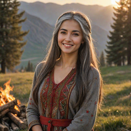 ultrarealistic, Delightful Tajik woman, pirouette on her head, gray hair, long straight hair, she is wearing Spring clothes, the sun gently illuminates her hair. Ultrarealistic skin, stands in the meadow, 1 girl, age - about 33 years old, swarthy complexion, ultrarealistic skin, smiles gently, stands near the campfire. She looks sexy