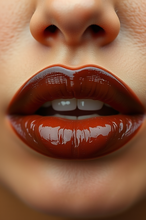 Chocolate brown lips with a glossy finish, rich and indulgent in appearance, ideal for a cozy autumn day or a coffee-themed photoshoot