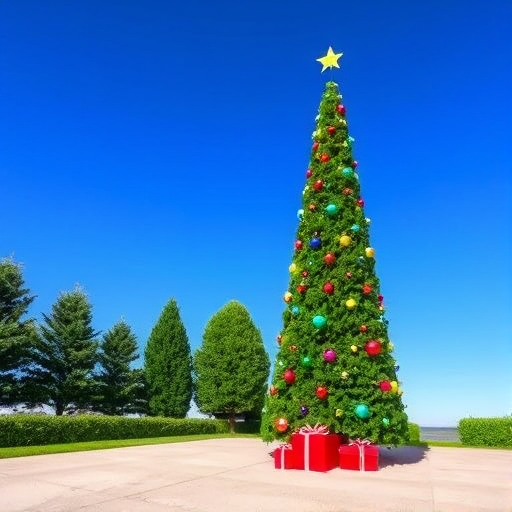 Generate an image of a festive outdoor scene featuring a tall Christmas tree decorated with colorful ornaments. The tree is surrounded by lush green trees, and there are red gift boxes placed on a smooth, light-colored pavement. The sky is clear and blue, creating a cheerful holiday atmosphere.