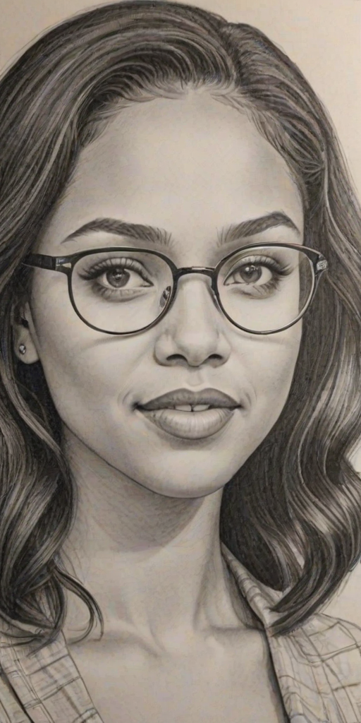 Enchanting Ayesha Curry, pencil sketch, portrait of Sublime woman 1939s in glasses, hair style beatnik, outline, clear lines, fine lines, 8k