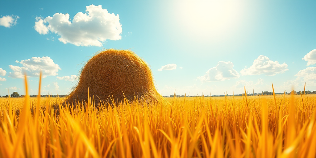 Create a vibrant illustration of a haystack in a sunny field, using a wide-angle lens, aperture f/8 for depth of field, 1/200s shutter speed, and a DSLR camera for high resolution and clarity.