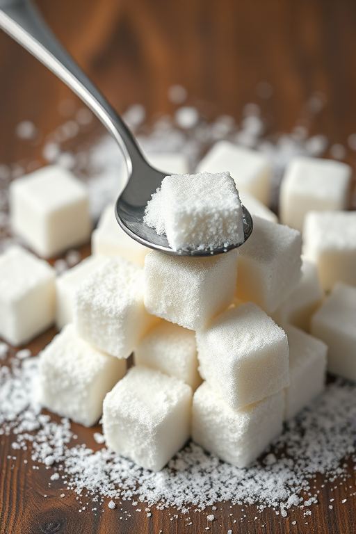 Create a high-resolution illustration of a pile of sugar cubes with a spoon resting on top, using a Canon EOS R5 camera with a 50mm lens, aperture f/2.8, ISO 100, and soft natural lighting for a clean and crisp effect.