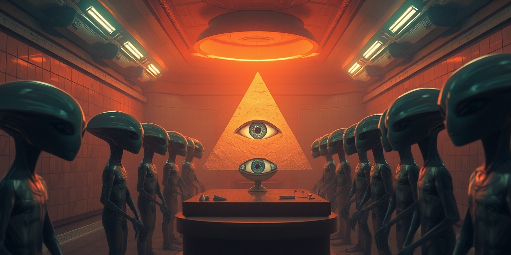 Create a high-resolution image of a group of aliens in a dimly lit, retro-futuristic room, with one large pyramid featuring an eye in the center, using a Canon EOS R5, 50mm lens, f/1.8 aperture, ISO 200, and a warm color palette to enhance details and depth.