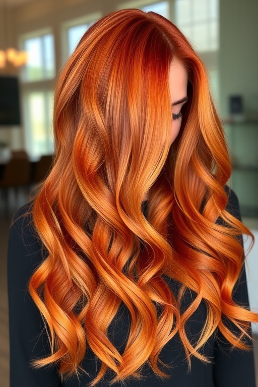 Vibrant copper-hued mane cascading in loose waves, "Sunset Serenade" style featuring subtle ombre tips transitioning to golden streaks, glossy finish catching light beautifully, soft tendrils framing face elegantly, length reaching mid-back with voluminous body and movement