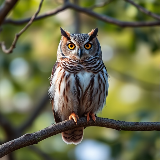 A sharp-focused portrait of an owl perched on a tree branch against a blurred natural background, captured at f/2.8, ISO 200, 1/500 sec, using a DSLR camera with a 70-200mm lens, in natural light.