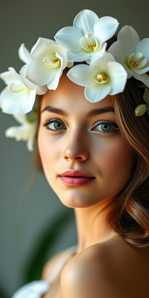 Portrait of a young woman with a floral crown made of white orchids, soft natural lighting, shallow depth of field, taken with a Canon EOS R5, 85mm f/1.2 lens, ISO 100, aperture f/2.0, 1/200 sec shutter speed.