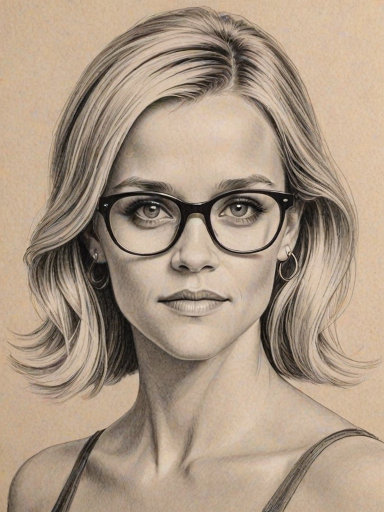 Attractive Reese Witherspoon, pencil sketch, portrait of Appealing woman 1920s in glasses, hair style beatnik, outline, clear lines, fine lines, 8k