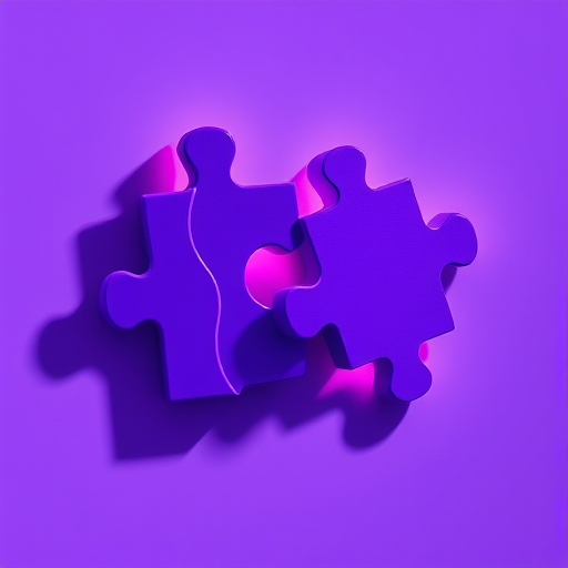 Create a high-resolution illustration of two interlocking purple puzzle pieces viewed from a slight angle, using a Canon EOS R5 with a 50mm lens at f/1.8, ISO 100, and a soft light setup to enhance the shadows and highlights.