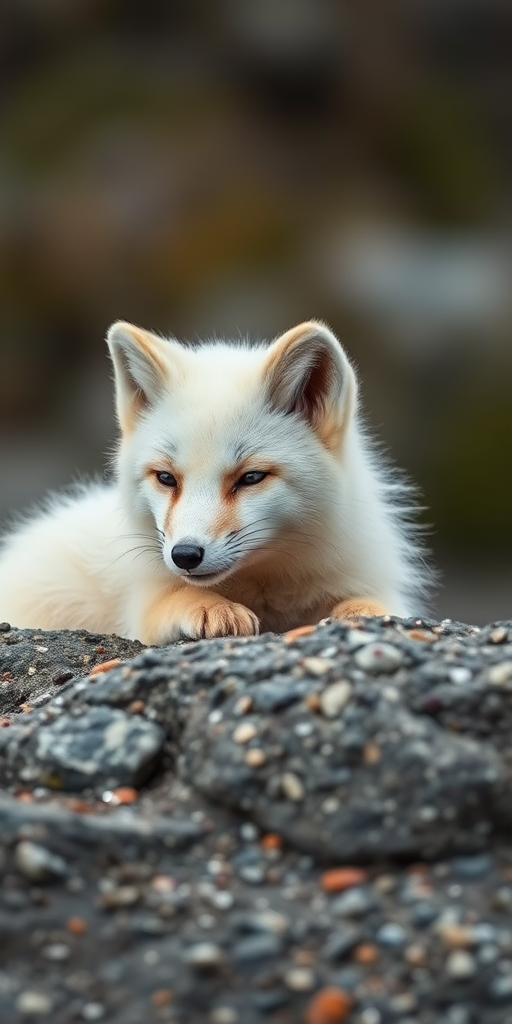 Arctic fox resting on a rocky surface, soft focus background, natural lighting, 50mm lens, f/2.8, ISO 200, 1/200 sec, close-up view, DSLR camera.
