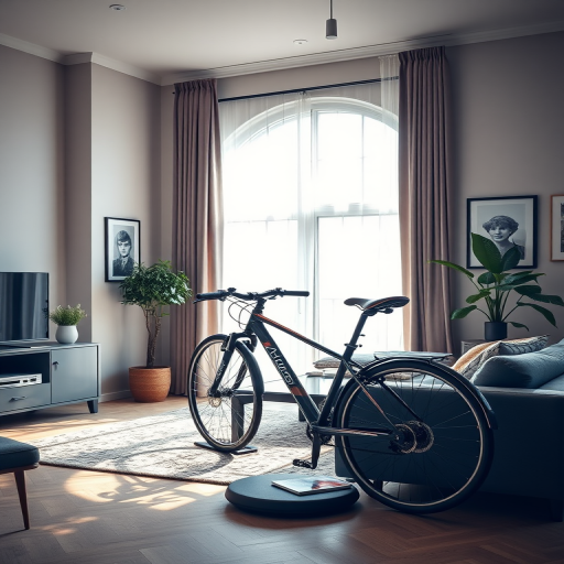 interior of a modern living room with a bicycle, stylish furniture, and natural light, high dynamic range, wide-angle lens, f/8 aperture, ISO 100, 24mm focal length, soft natural lighting, digital DSLR