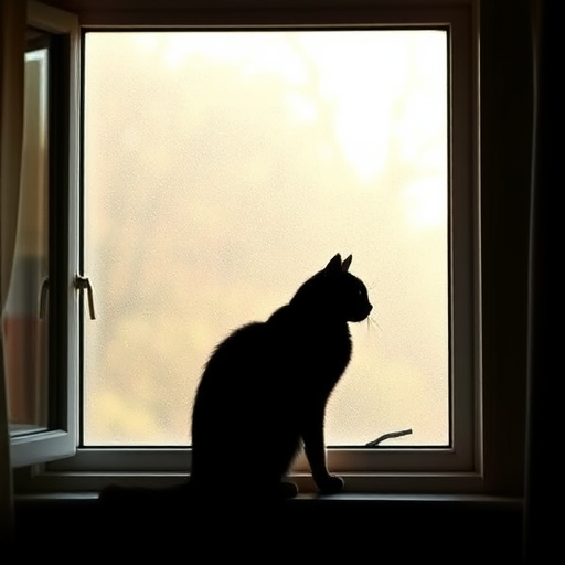 Create a high-resolution image of a black silhouette of a cat sitting gracefully on a windowsill, with soft natural lighting coming from the window, captured using a Canon EOS R5 with a 50mm f/1.2 lens, aperture set to f/2.8, ISO 100, and a slight vignette effect for a warm ambiance.