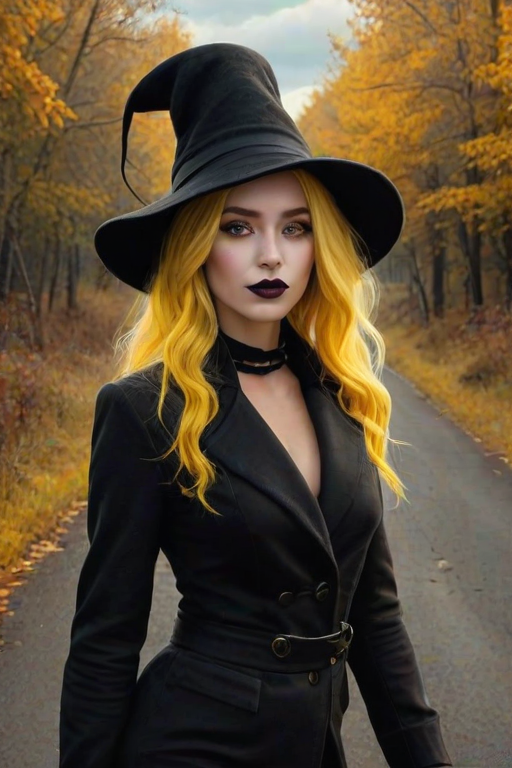 digital art fantasy depicting a strange girl with Yellow hair, long eyelashes, black lipstick and a tall hat walking along a winding road on an autumn afternoon, an Puma smiles as she passes