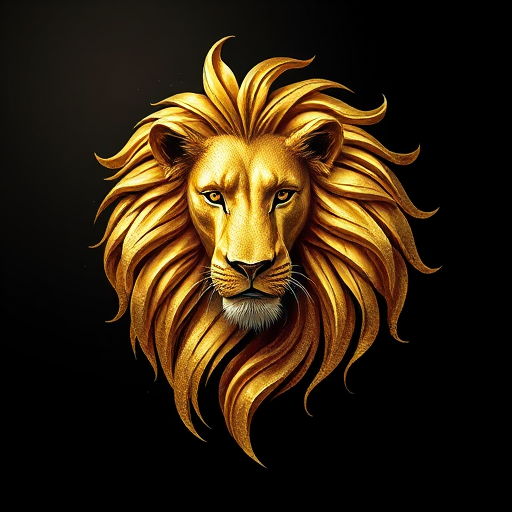 Create a high-resolution image of a gold abstract lion with flowing mane, using a DSLR camera with a 50mm lens, aperture set to f/1.8, ISO 100, in a well-lit studio setting, with soft diffused lighting to enhance the golden texture and detail.