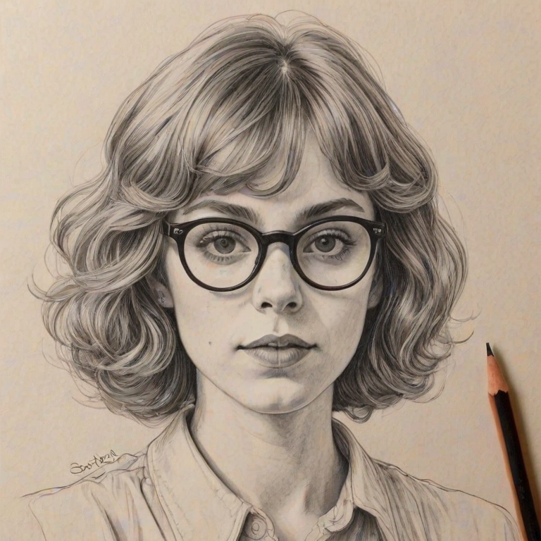 Bewitching Sophia Lillis, pencil sketch, portrait of Sublime woman 1977s in glasses, hair style beatnik, outline, clear lines, fine lines, 8k