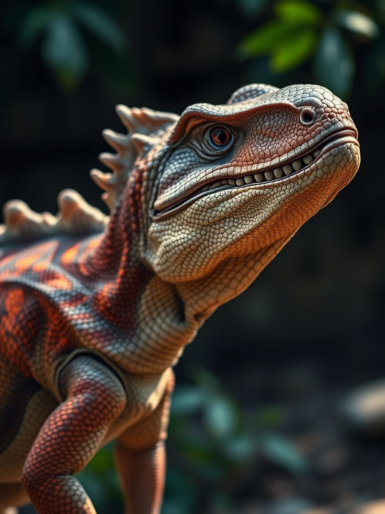 Generate an image of a lifelike prehistoric reptile with detailed textures and realistic colors, captured with a Canon EOS 5D Mark IV at f/2.8, shutter speed 1/250s, ISO 100, 50mm lens, in a side view with soft natural lighting for enhanced depth and richness.