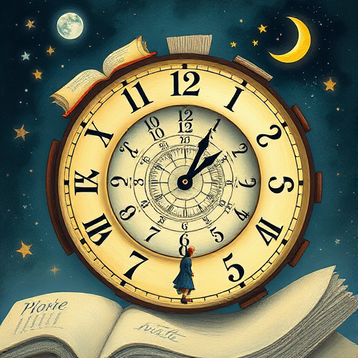 Create an artistic illustration of a spiral clock with book and moon motifs swirling around the numbers, featuring a small figure walking along the spiral path, use a DSLR camera, 50mm lens, f/1.8 aperture, ISO 100, 1/200s shutter speed, and a shallow depth of field for enhanced image quality.