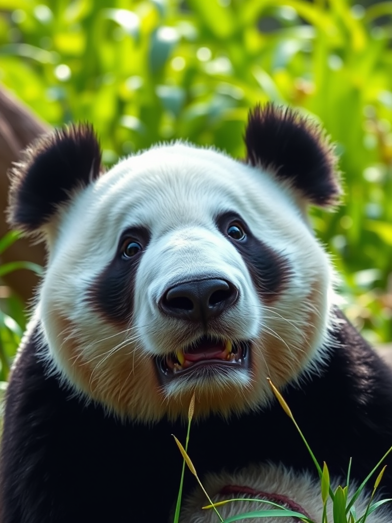 Close-up of a giant panda in a natural setting, f/4.5, ISO 200, 1/500s, shot from a low angle with a telephoto lens on a DSLR, soft natural lighting, vibrant greens in the background for depth.