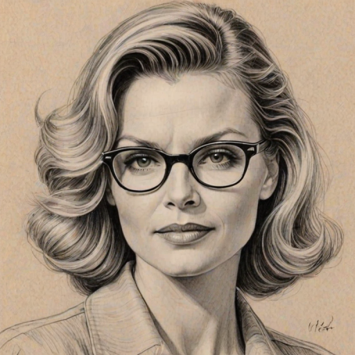 Enticing Michelle Pfeiffer, pencil sketch, portrait of Delightful woman 1940s in glasses, hair style beatnik, outline, clear lines, fine lines, 8k