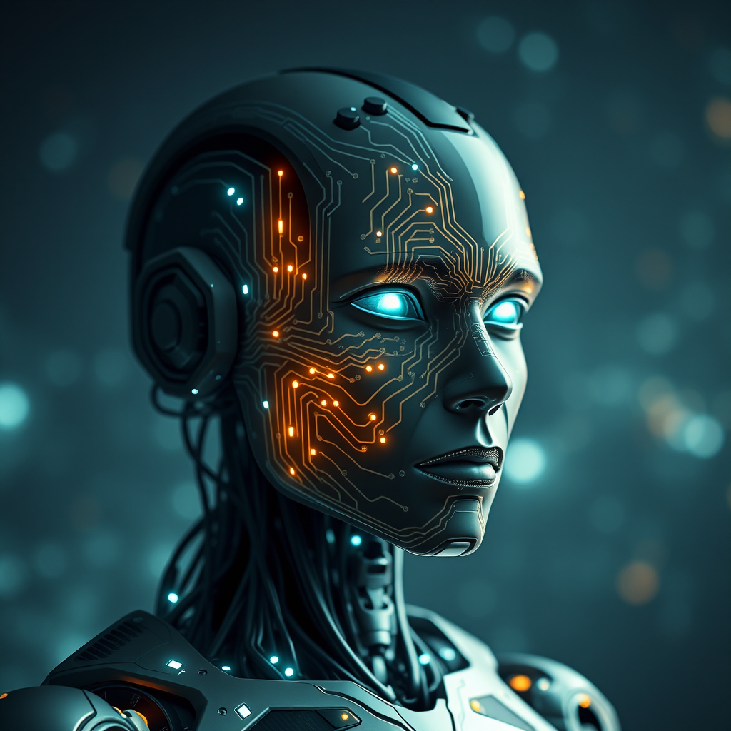 Create an image of a futuristic humanoid robot with intricate circuit patterns on its face and torso, set against a dark, abstract background with glowing data streams, using a 50mm lens, f/1.8 aperture, ISO 100, and a high-resolution digital camera to capture fine details and textures.