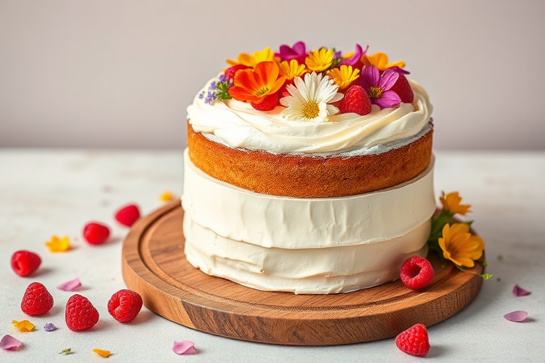 A beautifully decorated two-layer cake with creamy frosting topped with colorful edible flowers and fresh raspberries on a wooden platter with some scattered raspberries and flower petals around it against a soft background.