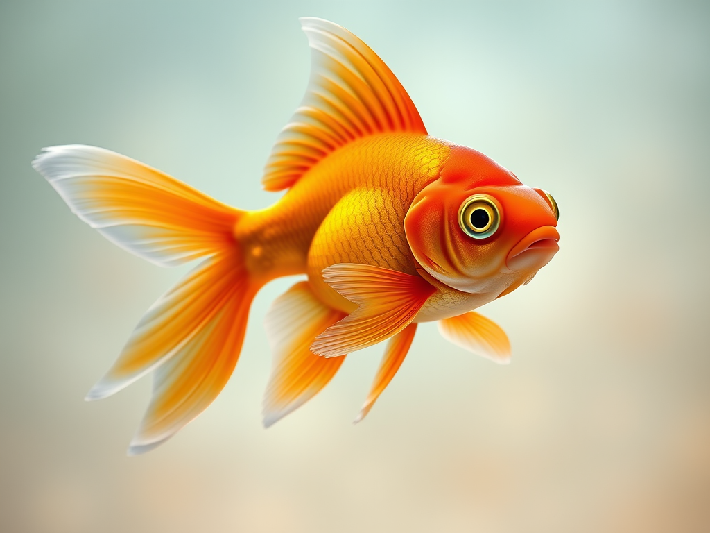 Create a high-resolution digital illustration of an orange goldfish swimming gracefully, using vibrant colors and intricate details, 50mm lens, f/2.8 aperture, ISO 100, soft focus background for depth, with a studio lighting setup, shot from a slight overhead angle to highlight the fish's features.