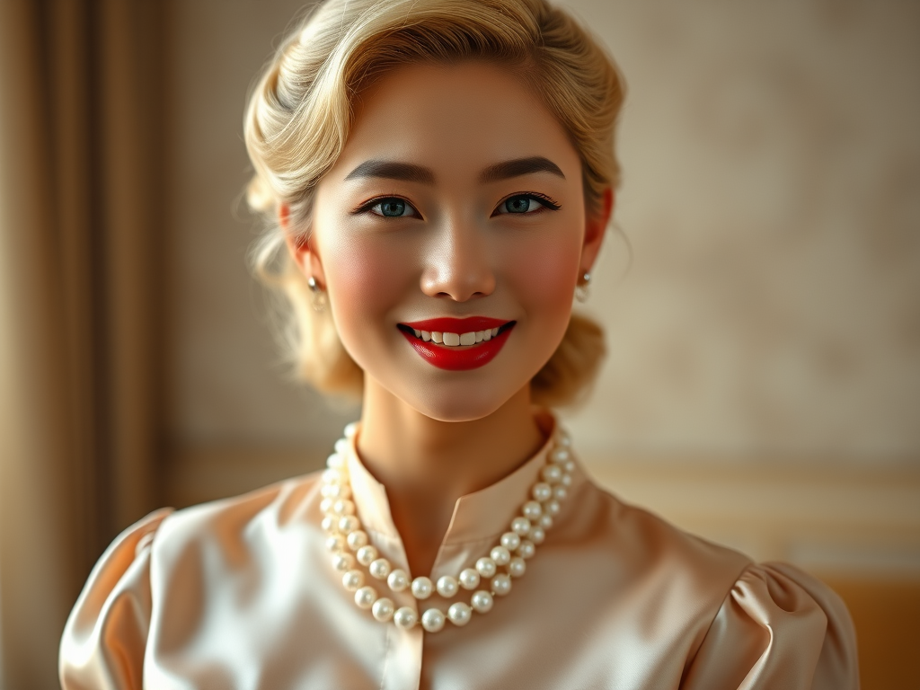 A beautiful Taiwanese woman reminiscent of 1950s Hollywood glamour, with perfectly styled blonde hair and a seductive smile, dressed in a satin blouse and adorned with pearls, soft and warm tones, photorealistic, 8K