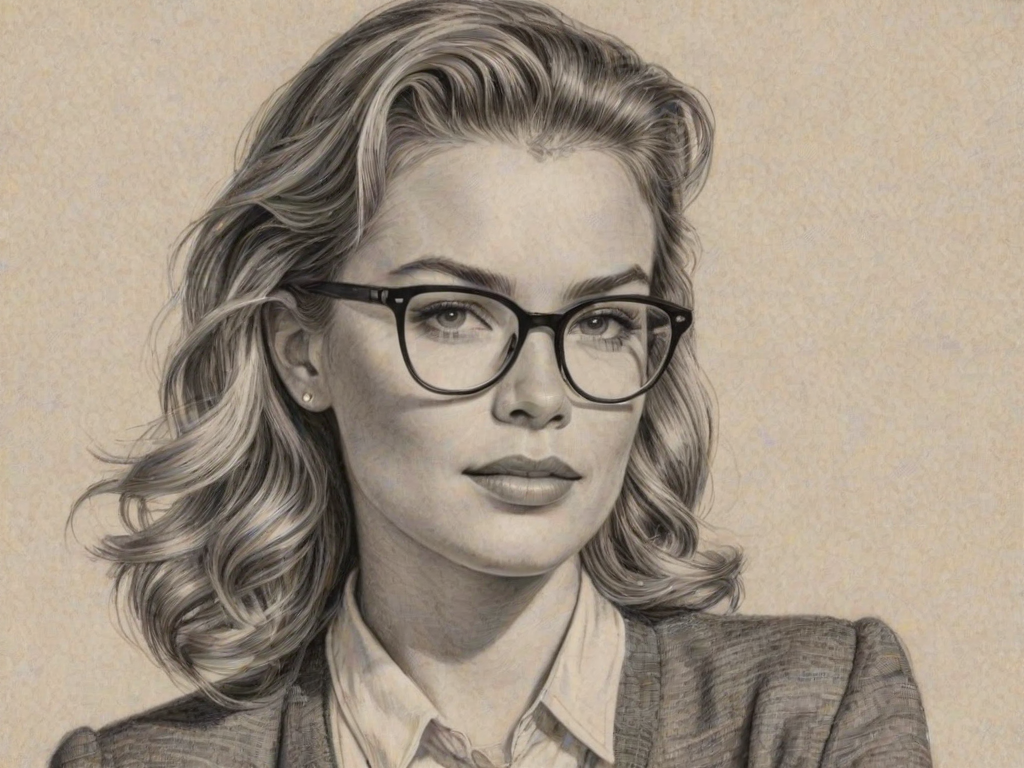 Resplendent Rebecca Romijn, pencil sketch, portrait of Enticing woman 1944s in glasses, hair style beatnik, outline, clear lines, fine lines, 8k