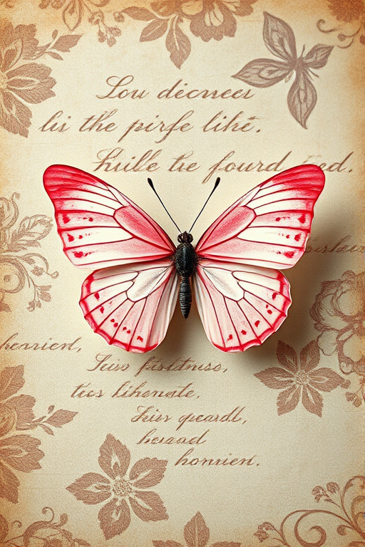 Create a digital artwork of a butterfly with pink and white wings centered on a textured background featuring intricate floral patterns and subtle script, captured with a DSLR camera at f/4, ISO 100, 50mm lens, in macro view, using a soft focus style for an ethereal effect.