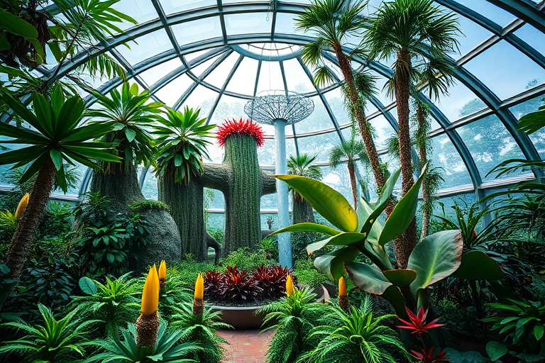 Create a futuristic greenhouse interior with lush greenery and unique plants under a glass dome, showcasing a vibrant ecosystem, shot with a Canon EOS R5 at f/8, ISO 200, 24mm lens, using HDR photography style for enhanced detail and vibrant colors.