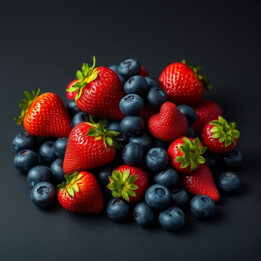 arrange a pile of strawberries and blueberries on a black background with soft natural lighting, use a DSLR camera, 50mm lens, aperture f/2.8, ISO 100, shutter speed 1/125s, low angle view to emphasize texture and color pop