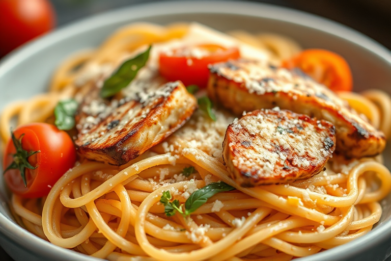 regenerate a vibrant close-up image of a bowl of spaghetti with grilled chicken, cherry tomatoes, and grated cheese, captured with a Canon EOS R5, 50mm lens, aperture f/1.8, ISO 200, natural light, shallow depth of field, focus on the pasta with a soft blurred background