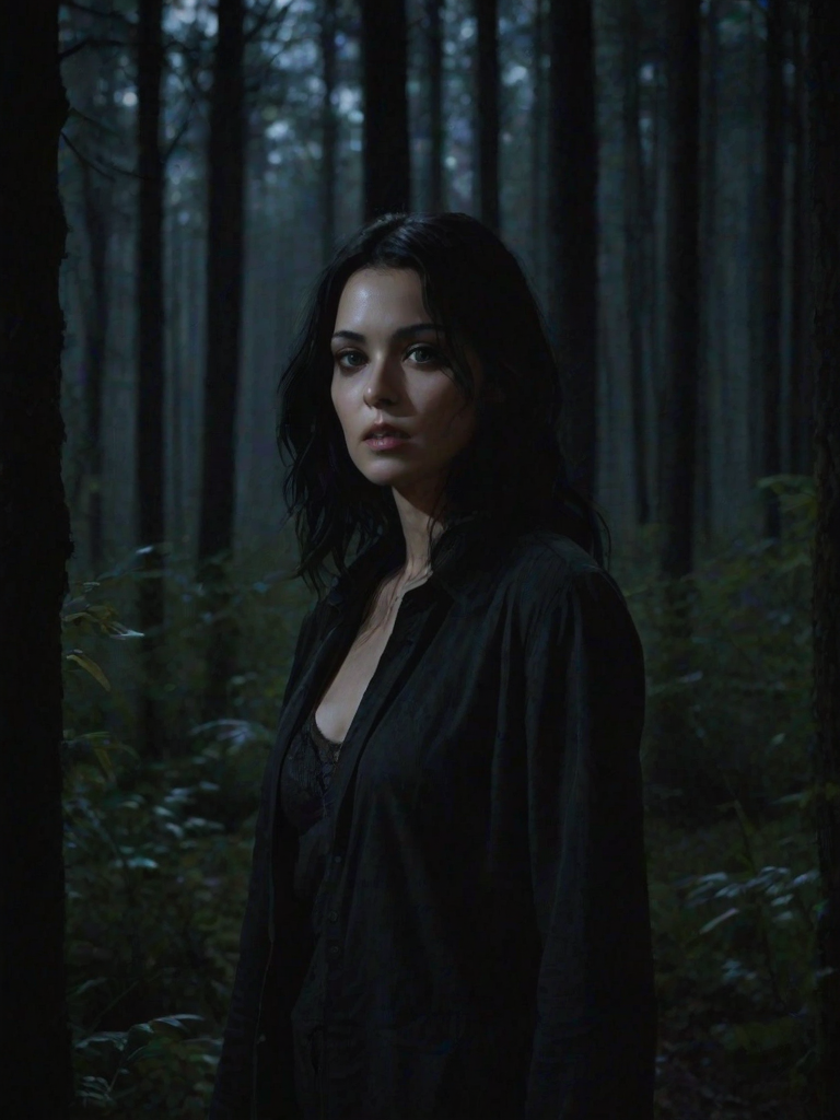 realistic image of a black haired woman, she is in a dark forest at night