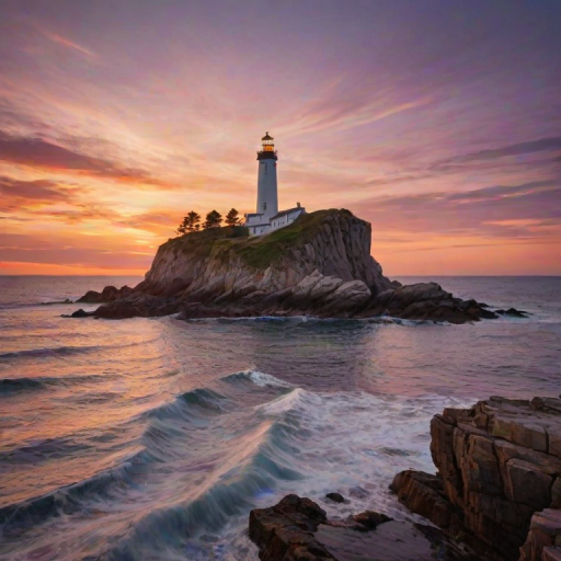 Generate an image of a tall lighthouse perched on a rocky outcrop surrounded by calm ocean waters during a breathtaking sunset. The lighthouse stands sturdy and weathered, its stone surface illuminated by the warm golden light of the setting sun. The sun's rays pass directly through the glass lantern room at the top of the lighthouse, casting a brilliant light across the scene. The sky is painted with vibrant shades of orange, pink, and purple, reflecting off the tranquil sea. The surrounding water shimmers with the same warm hues, creating a serene and majestic atmosphere.