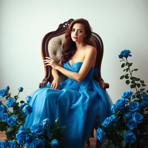Capture a woman in a flowing blue gown sitting gracefully on a vintage chair, surrounded by vibrant blue roses, soft natural lighting, shallow depth of field, 50mm lens, f/1.8 aperture, ISO 200, soft focus background, warm color grading.