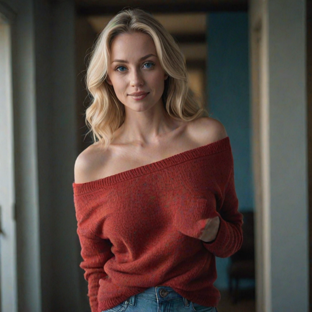 realistic photography, beautiful blonde woman, milf, smirk, large breasts, blue eyes, off shoulder red sweater, light blue denim jeans, cinematic lighting, perfect shading, dynamic angle, amazing composition, detailed, 35mm photograph