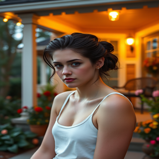 A photo of Kristen Stewart with a background of a cozy porch. She has dark hair pulled back in an updo, with tendrils framing her face. She wears a white tank top and sits on the porch. The porch is part of a well-lit home with a warm, earthy tone and colorful flowers and foliage. The overall scene has a warm, welcoming, and comfortable ambiance.