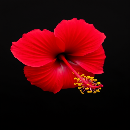 A close-up view of a vibrant red hibiscus flower against a black background, showcasing its intricate petals and yellow stamens.