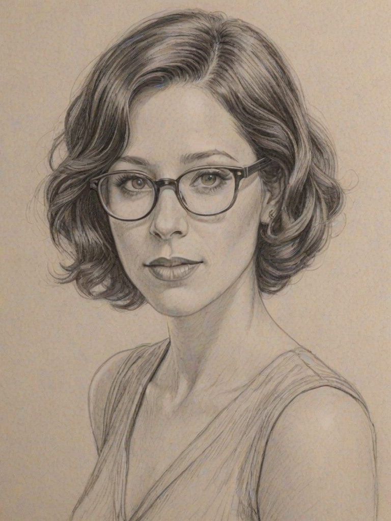 Stunning Jackie Tohn, pencil sketch, portrait of Appealing woman 1931s in glasses, hair style beatnik, outline, clear lines, fine lines, 8k