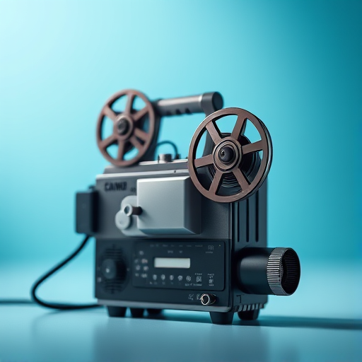 Create a high-resolution vector graphic of a vintage film projector with modern design elements, using a soft blue gradient background, captured in a digital art style, simulating a shallow depth of field to enhance focus on the projector, using a Canon EOS R5 with an aperture of f/2.8, ISO 100, and a 50mm lens.