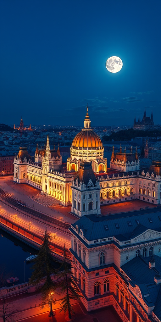 Regenerate a vibrant, high-resolution aerial view of the Budapest Parliament building at twilight with a full moon illuminating the scene, using a Canon EOS R5 with a 24mm f/1.4 lens, at ISO 200, shutter speed 1/125 sec, capture in landscape mode for enhanced detail and color depth.