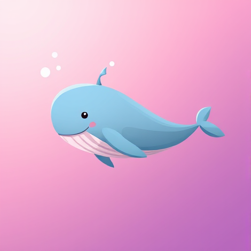 Create a vibrant digital illustration of a playful whale swimming against a smooth gradient background transitioning from pink to purple, utilize a wide-angle lens effect with a soft focus for a whimsical atmosphere, and set the resolution to 300 dpi for high-quality output.