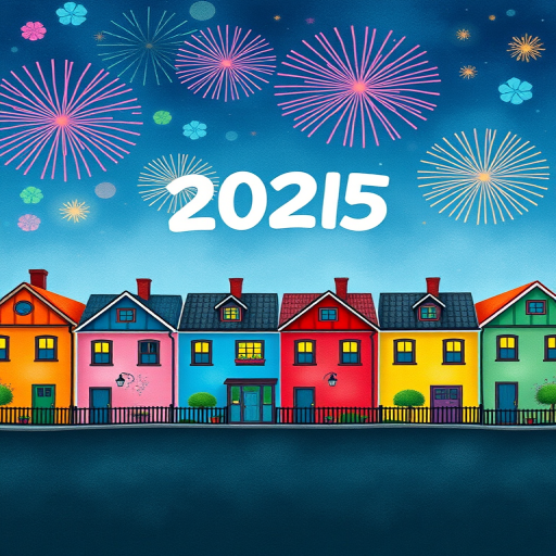 Create a vibrant illustration of colorful houses in a row with fireworks lighting up the night sky above, featuring a bold "2025" in the center, using a Canon EOS R5 with a 24-70mm lens at f/8, ISO 200, and a focal length of 50mm in landscape orientation with a watercolor style.