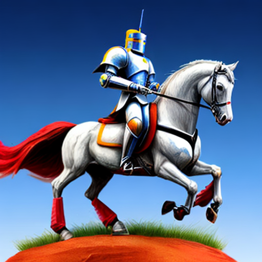 A robot  knight riding a white horse and holding a sword and medieval shield. no helmet.