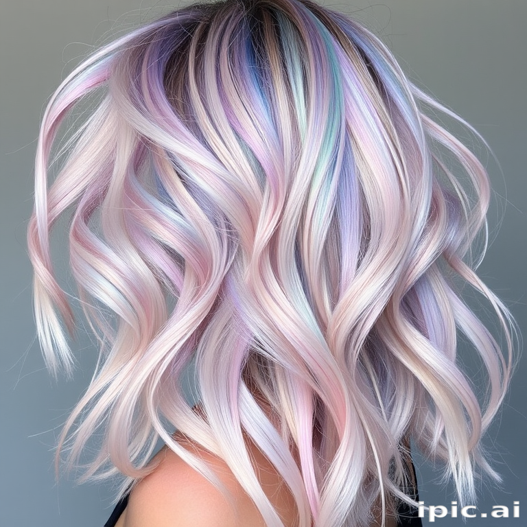 Iridescent opal hair known as "Crystal Prism," shimmers with hints of pink, blue, and green as it catches the light, styled in loose, tousled waves that create movement and showcase the multifaceted hues