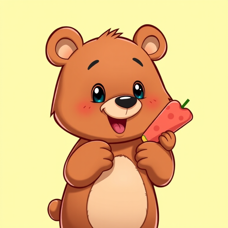 Create a vibrant cartoon of a bear holding a snack, with a soft green background, using a 50mm lens at f/2.8, ISO 100, in a digital illustration style, capturing clear details and lively colors.