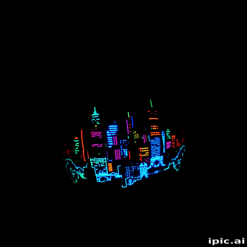 Luminous UV tattoo named "Neon Nightscape" portraying a cityscape silhouette that glows under blacklight revealing hidden details and vibrant colors invisible in normal lighting