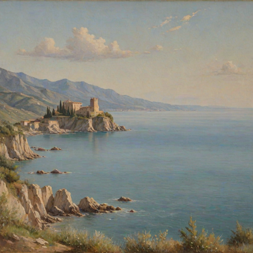 (italian seascape,sea),distant small mediaval italian castle,soft colours,